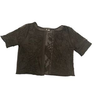 Zara Cropped Flower Embroidered Lace Top Short Sleeve Medium Black